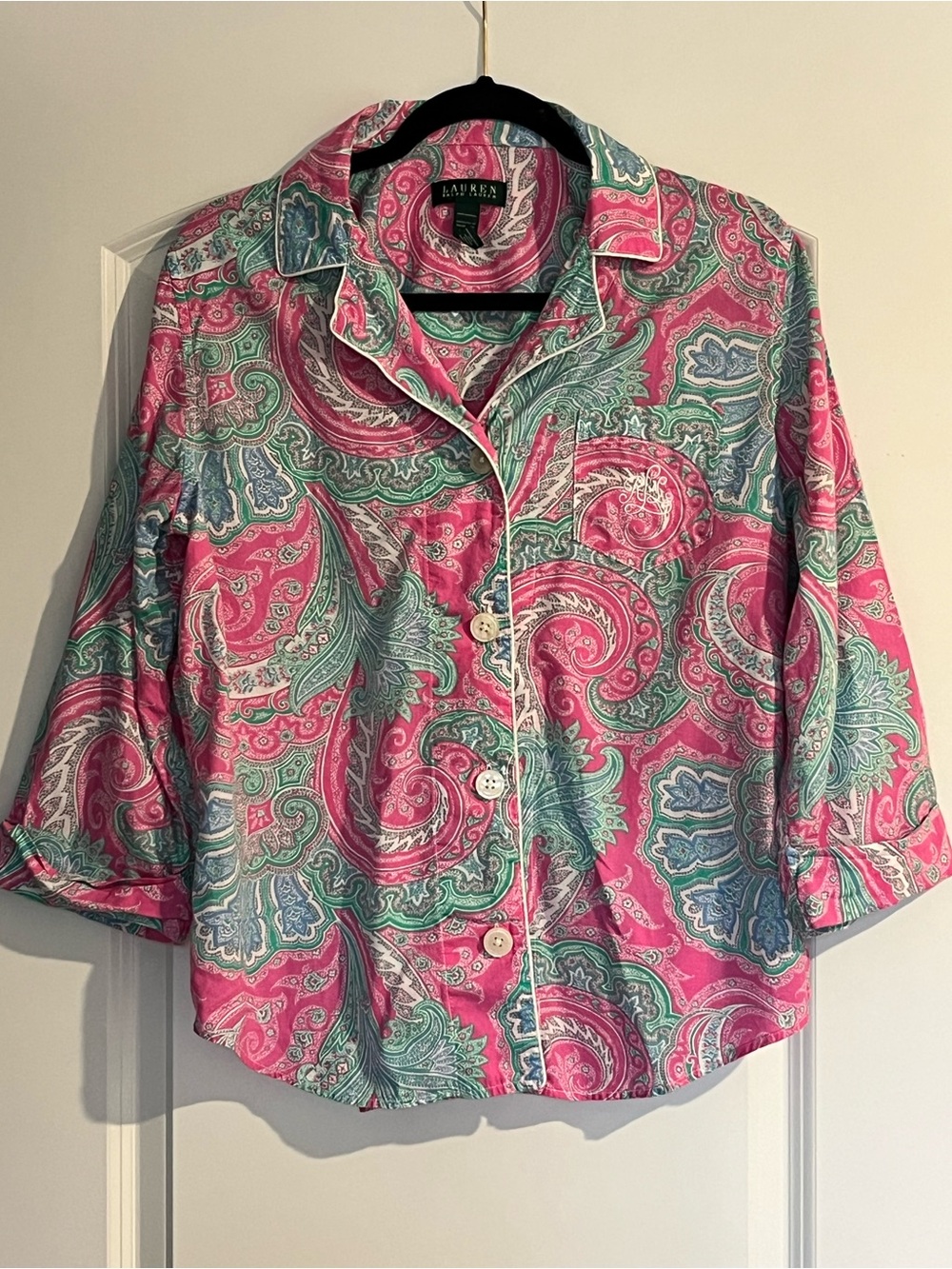 Lauren Ralph Lauren Womens Pajama Top 3/4 Sleeve Pink Green Paisley Preppy Sz L